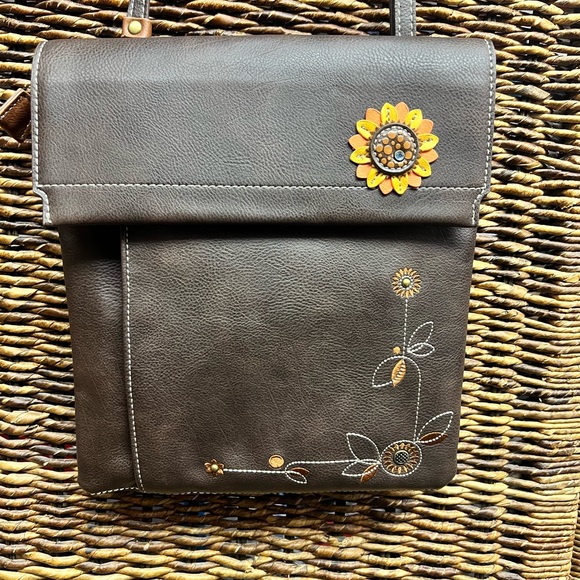 Chala Handbags - Chala-Brown Crossbody Bag with Floral Embroidery, 9”x10”, Clean inside,back fade